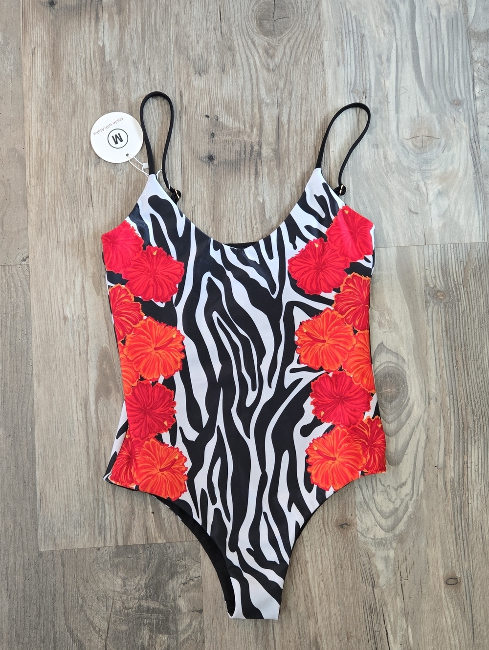 Womens Zebra Print One-Piece Swimsuit with Red Floral Accents